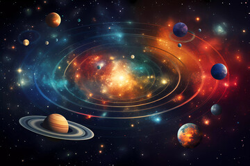A graphic colour poster for the universe with planets, solar systems, and stars. Astronomical galaxy space