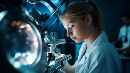 photograph of Female ophthalmologist using apparatus, Eye cataract examination.