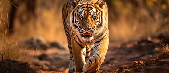 A tigress roaming in Pench National Park on a safari - obrazy, fototapety, plakaty