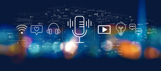 Podcast theme with blurred city lights at night