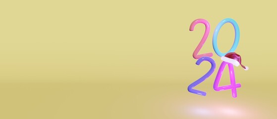 Colorful happy new year 2024 text 3D rendering with Santacruz hat in clear background.