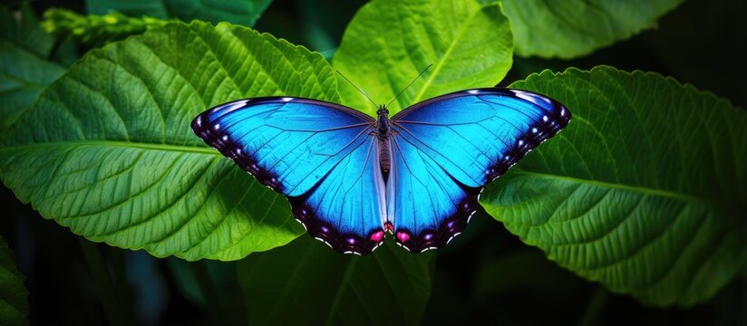 Large blue butterfly Morpho peleides on green leaves a stunning insect in its natural habitat Amazon wildlife in Peru South America