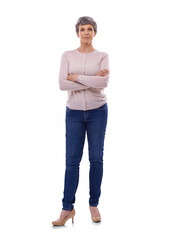 Elderly woman, arms crossed and portrait with confidence or pride in casual fashion isolated on transparent png background. Mature female person, mockup and trendy style outfit, event or celebration