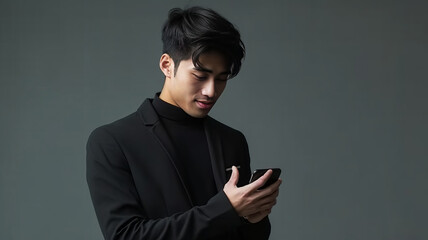 Thoughtful young Asian man with a smart phone on gray background