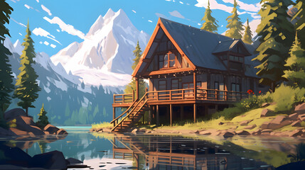 beautiful natural scenery forest lake and mountains illustration style - obrazy, fototapety, plakaty