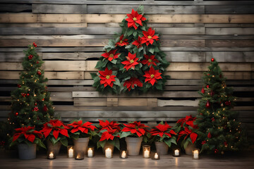 Fototapeta na wymiar Chirstmas Digital Backdrop: Rustic Pallet Wood Wall Amidst Christmas Tree Farm Decor, Poinsettia Flowers and Garland with Candles on the Floor 