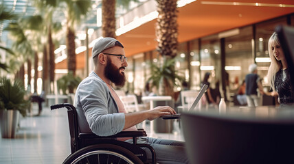 A man in a wheelchair works on a laptop in the background of a shopping center - obrazy, fototapety, plakaty