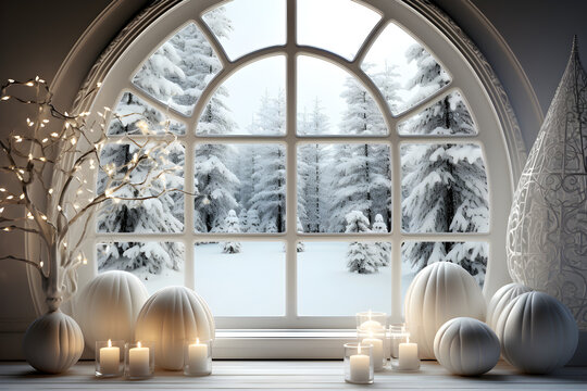 Christmas Digital Backdrop : Beautiful Interior Decoration with White Window, Snowy Christmas Tree outside.