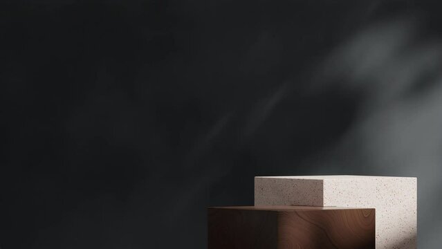 wood and terrazzo texture podium looping seamless shadow animation with grey wall and shadows, 3d video rendering empty mockup