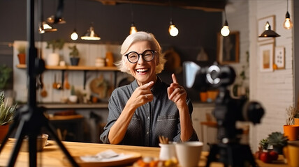 Cheerful senior elder influencer woman working on shooting for blog.generative ai