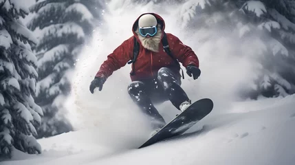 Fotobehang Santa Claus snowboarding down a snowy slope. Cool Santa with extreme winter sports hobby. Snowboard equipment for Christmas season. Exciting and fun ride and activity in mountains. © TensorSpark