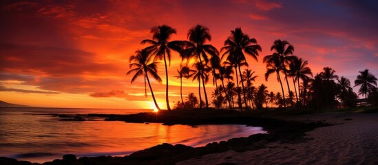 Gorgeous Hawaiian beach sunset with palm trees - obrazy, fototapety, plakaty