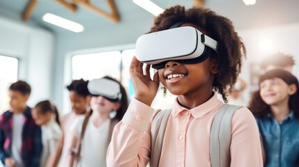 Surprised of Multicultural students with virtual reality headset in classroom