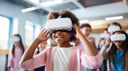 Surprised of Multicultural students with virtual reality headset in classroom