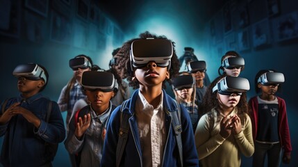 Surprised of Multicultural students with virtual reality headset in classroom
