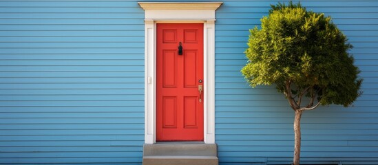 The building has a red door with blue and yellow clapboard walls a red mailbox and a green shrub - Powered by Adobe