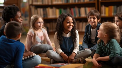 Happy Group of kids sitting on floor in circle around with teacher in library for listening a story