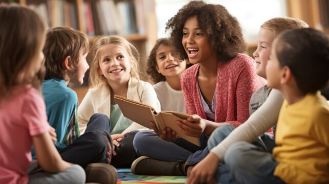 Happy Group of kids sitting on floor in circle around with teacher in library for listening a story