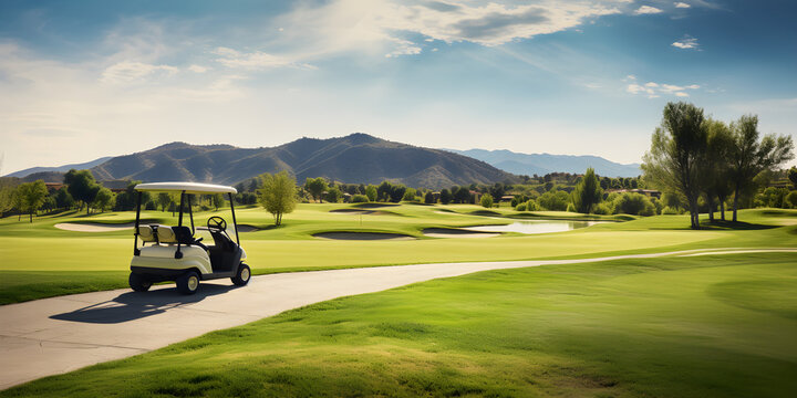 A day at a resort golf course, nice weather, beautiful course layout. Golf cart in front