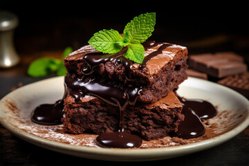 Chocolate brownies with melted chocolate and mint leaves in a white plate - obrazy, fototapety, plakaty