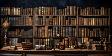 A wall full of Old ancient books of a library, holding many historical books and manuscripts - obrazy, fototapety, plakaty