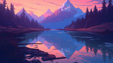 Fototapeta na wymiar beautiful natural scenery forest lake and mountains illustration style