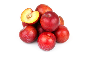 Fototapeta na wymiar Heap of ripe plums isolated on white background.