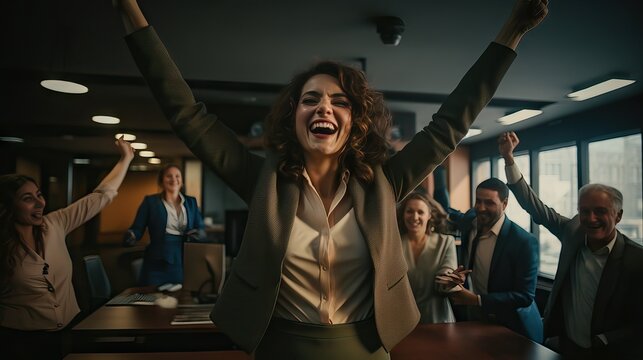 A smiling boss celebrates amid his team in the office, exuding a cheerful and vigorous demeanor, conveying calm, joy, relaxation, and positivity upon achieving goals. Generative AI