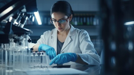 Young woman researcher working in laboratory of research institute innovative medicines and vaccines