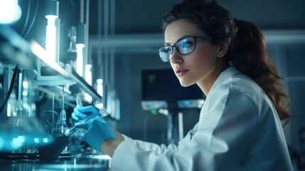 Young woman researcher working in laboratory of research institute innovative medicines and vaccines - obrazy, fototapety, plakaty
