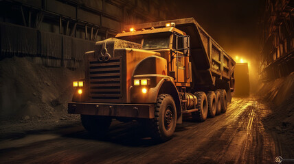 Large quarry dump truck in coal mine at night. Loading coal into body work truck. - obrazy, fototapety, plakaty