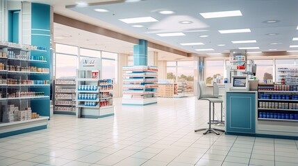 Interior of empty modern pharmacy, Pharmacy shop background.