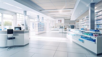 Interior of empty modern pharmacy, Pharmacy shop background. - obrazy, fototapety, plakaty