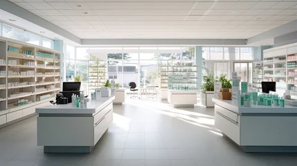 Tuinposter Interior of empty modern pharmacy, Pharmacy shop background. © Oulaphone
