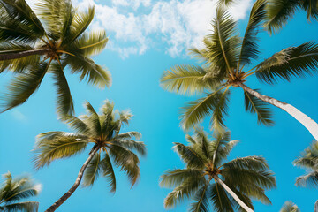 Blue sky and palm trees view from below, tropical beach and summer background, travel concept