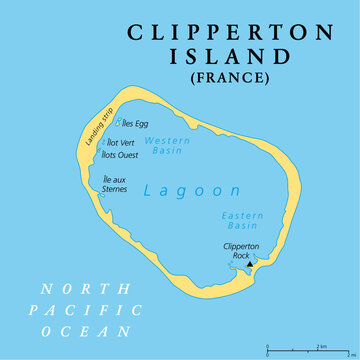 Clipperton Island, political map. Also known as Clipperton Atoll, is an uninhabited French coral atoll in the eastern Pacific Ocean and only French territory in the North Pacific. Illustration.