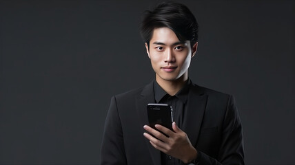 Thoughtful young Asian man with a smart phone on gray background generative ai