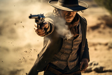 close up of cowboy shooting his gun - obrazy, fototapety, plakaty