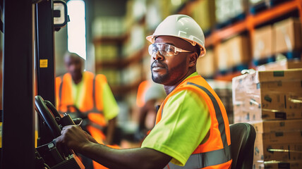 A logistics employee is operating a forklift truck in a busy warehouse. - obrazy, fototapety, plakaty