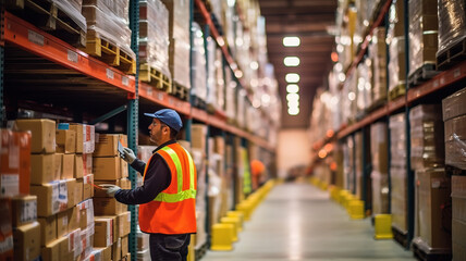 A single logistics employee is working in a busy warehouse. - obrazy, fototapety, plakaty