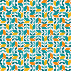 Abstract geometric seamless pattern. Mosaic design with the simple shape of flowers in yellow orange and green on white backgrounds. Neo geometric. Vector Illustration.