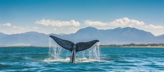 Humpback whales tail in False Bay off Southern Africa Coast - obrazy, fototapety, plakaty