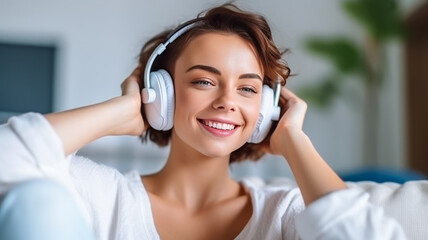 Caucasian beautiful woman smiling at home in headphones, lifestyle concept.