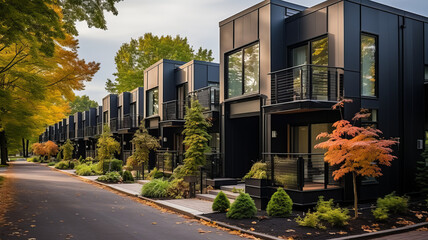 Modern modular private black townhouses. Residential architecture exterior.