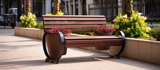 Outdoor urban furniture empty wooden bench with beautiful flowers in a sunny city street