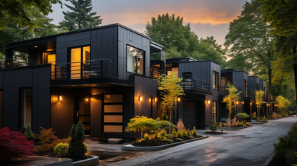 Modern modular private black townhouses. Residential architecture exterior.