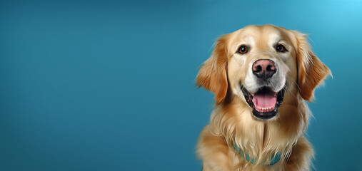 Dog with a smile, very happy face with tongue close-up. Gorgeous golden retriever on blue background, embodying the concept of pet care. - obrazy, fototapety, plakaty