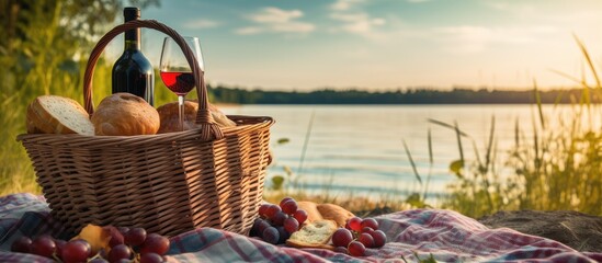 Idyllic scenery of a picnic by a serene lake with wine and a blanket