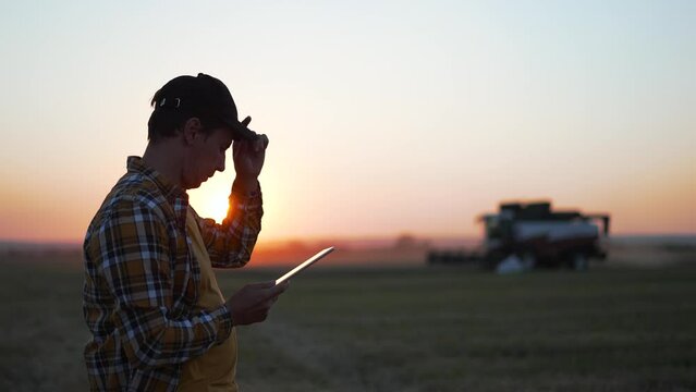 Agriculture. male farmer stands with tablet in wheat field, harvests in background. combine harvests wheat on farmer's field. Farmer with tablet. man in agriculture