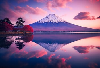 mount fuji reflected in the lake at sunset, japan, in the style of light crimson and violet, shaped canvas, post processing - obrazy, fototapety, plakaty